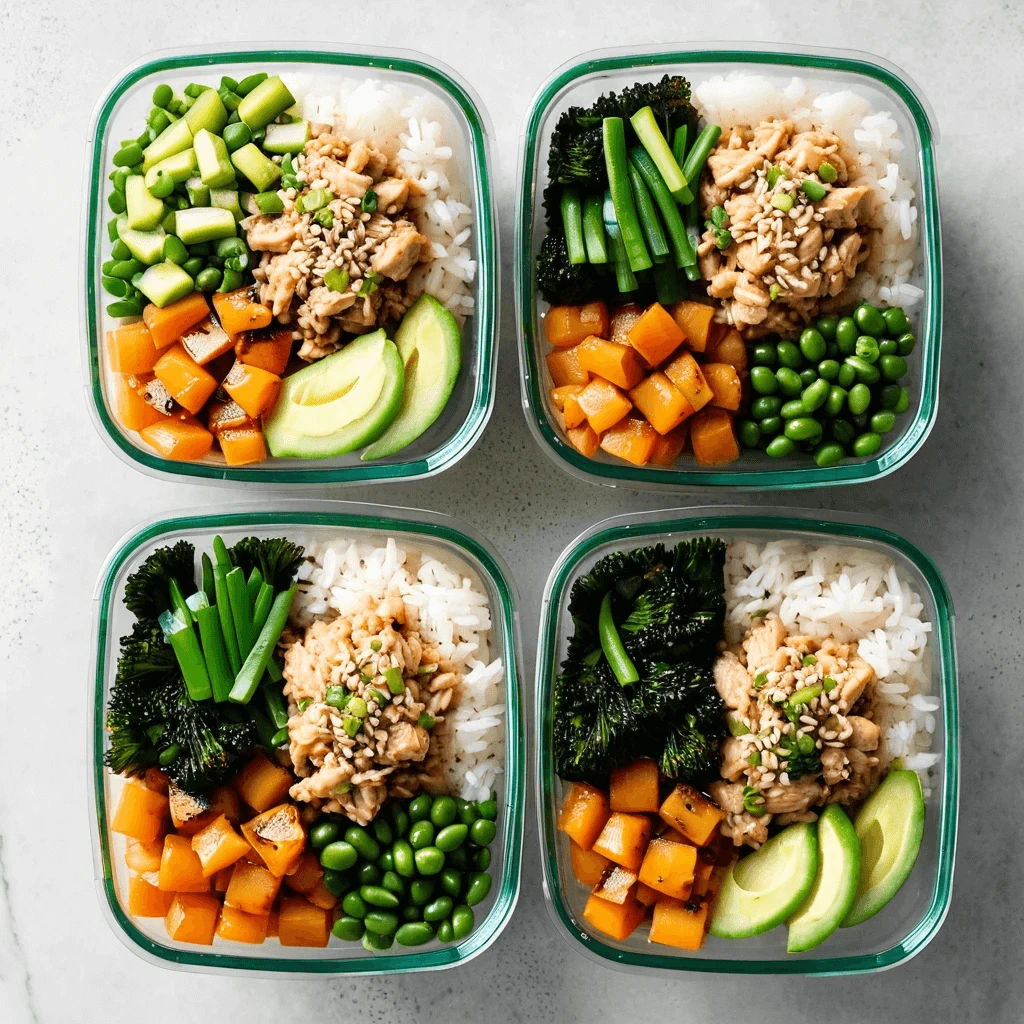 Four meal prep containers with rice, ground chicken, edamame, roasted sweet potato, broccoli, green beans, and avocado slices.