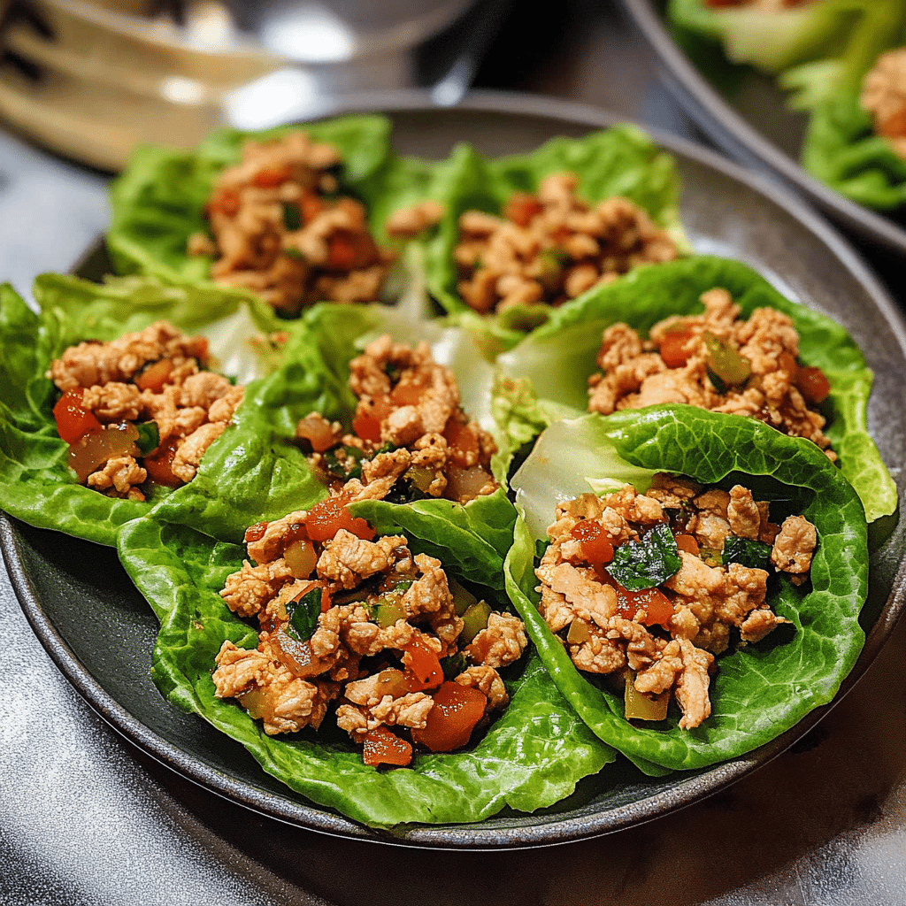 Healthy ground chicken lettuce wraps with vegetables served on crisp lettuce leaves
