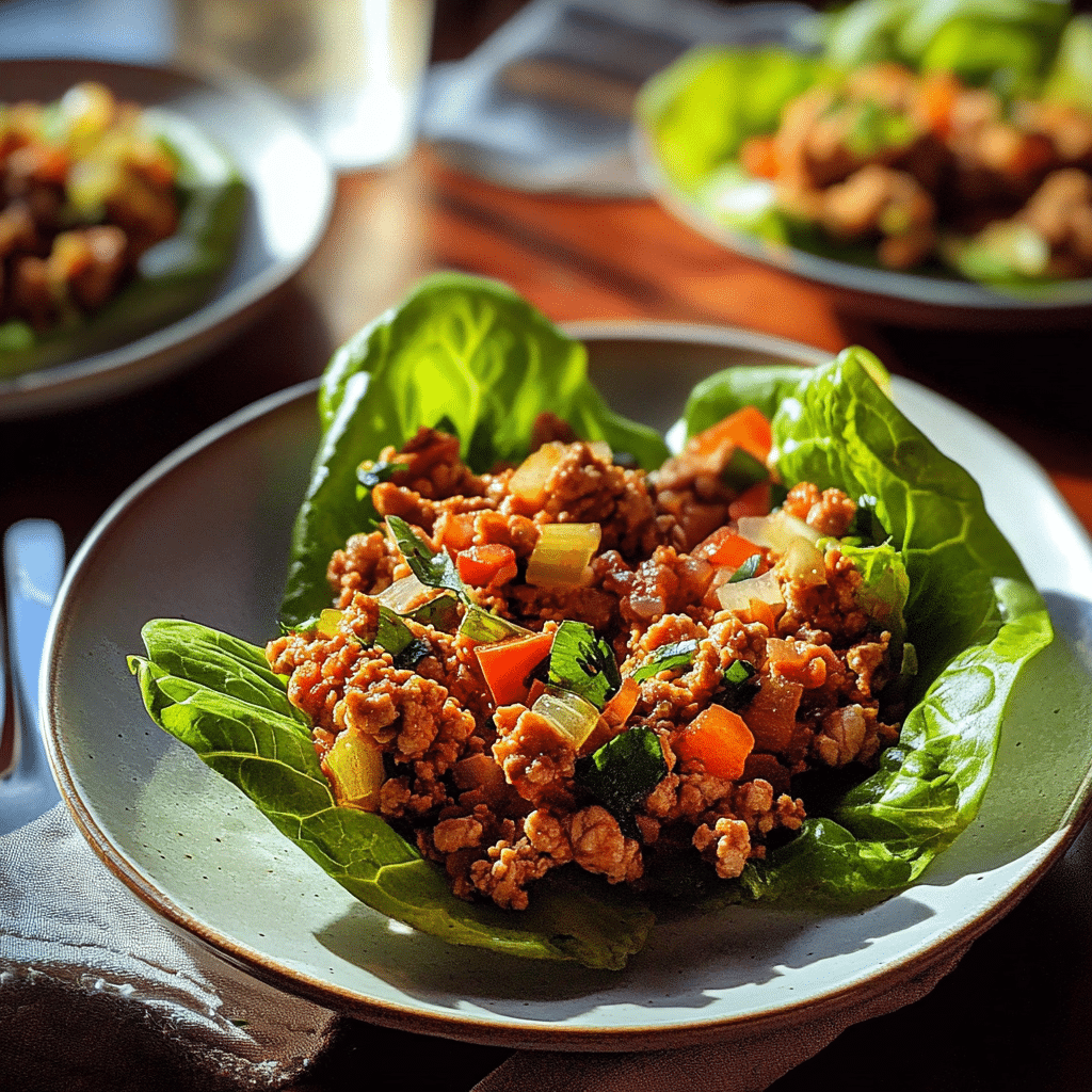 Ground chicken lettuce cups with diced vegetables on fresh green lettuce.