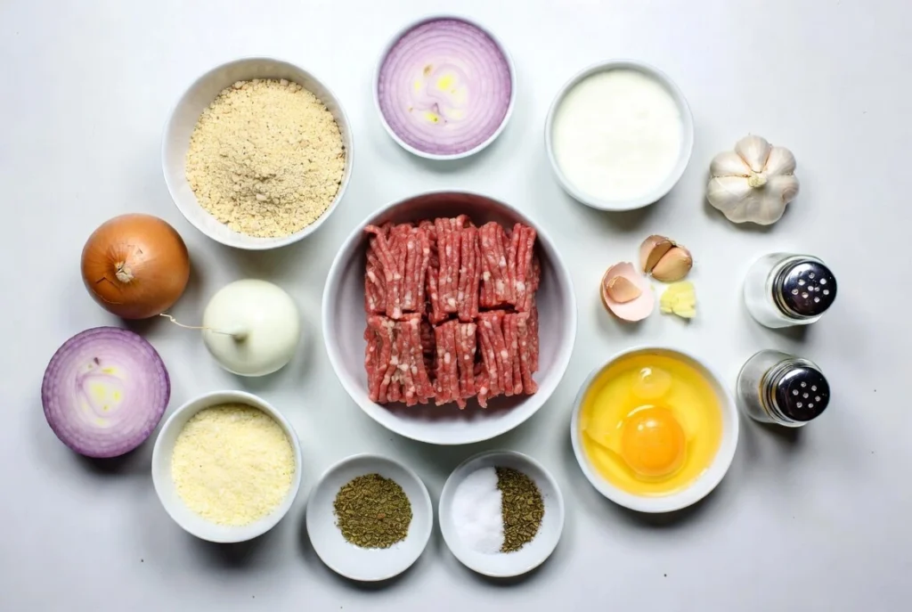 Overhead view of ground beef meatball ingredients including ground beef, breadcrumbs, egg, milk, onion, garlic, seasonings, and salt and pepper.