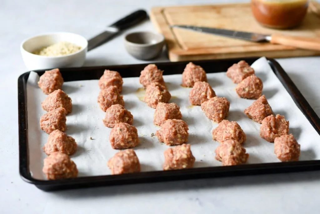 Raw ground beef meatballs arranged on a parchment-lined baking sheet, ready to bake in the oven.