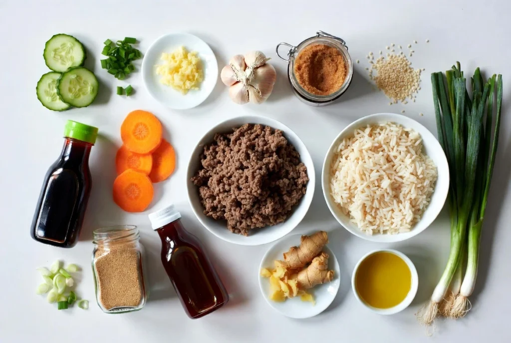 Ingredients for Korean ground beef rice bowl flat lay