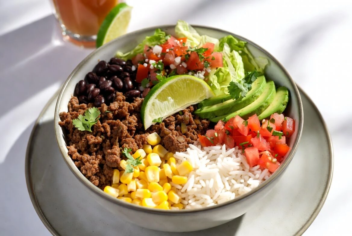 Ground beef burrito bowl with rice, black beans, corn, pico de gallo, lettuce, and sliced avocado, topped with a lime wedge.