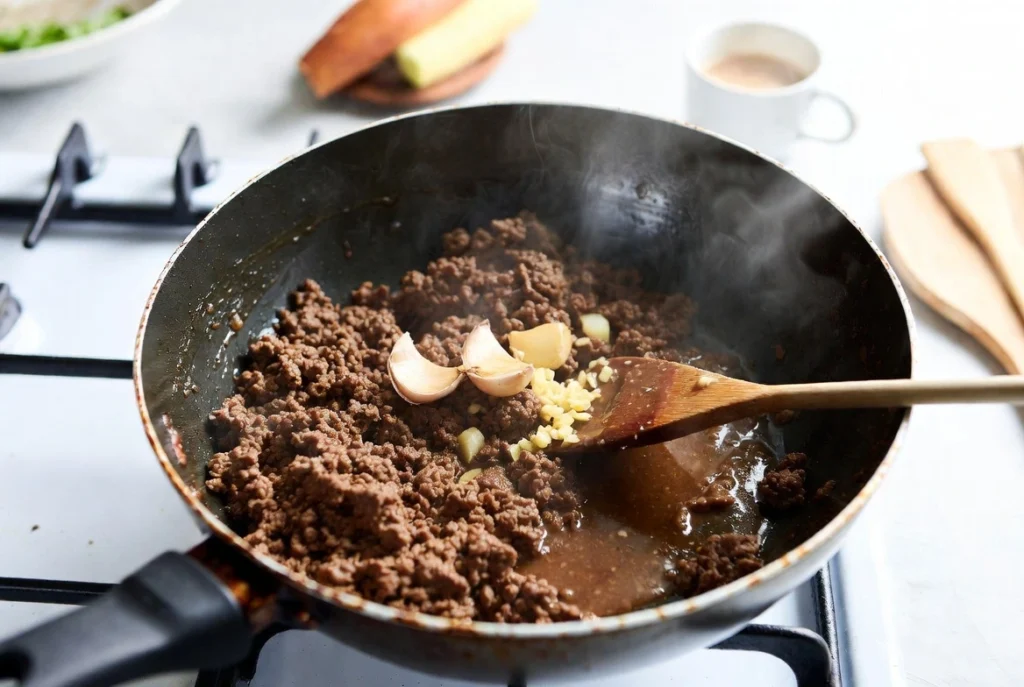 Korean ground beef cooking in skillet with glossy sauce
