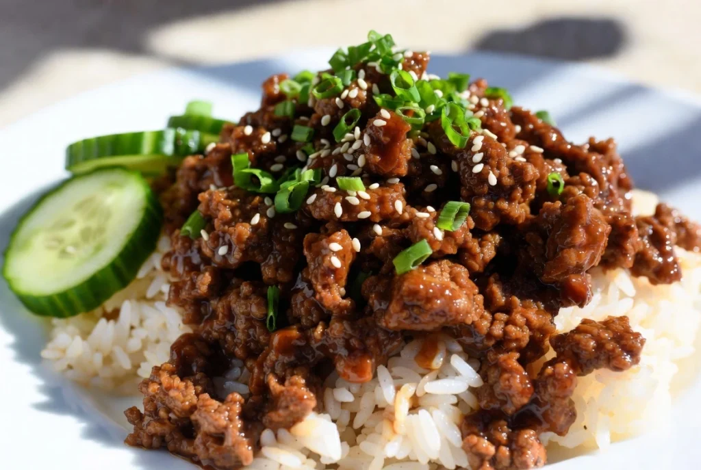 Close up Korean ground beef over rice sticky sauce