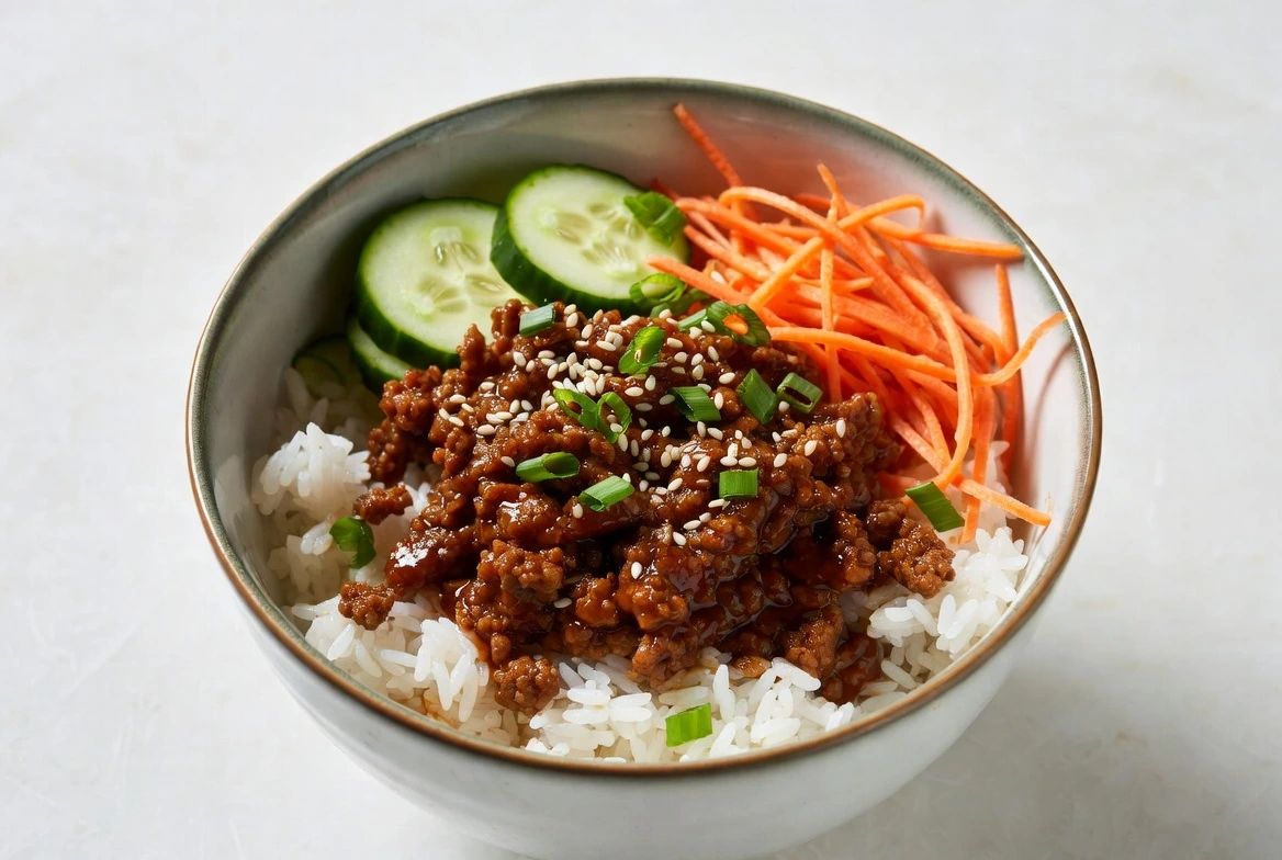 Korean inspired ground beef rice bowl with cucumbers and sesame