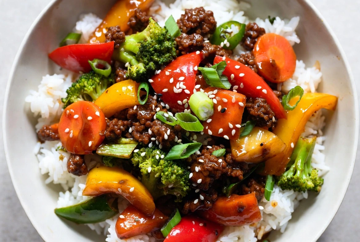 Rice bowl topped with honey garlic ground beef, broccoli, bell peppers, carrots, and snap peas, garnished with sesame seeds and sliced green onions.