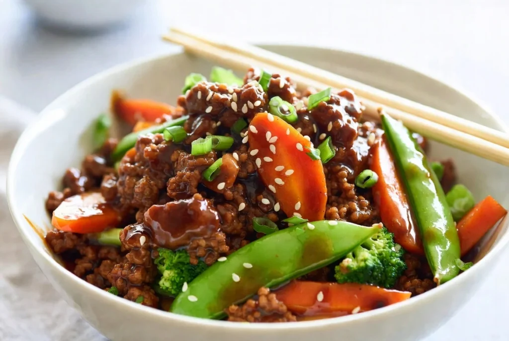 Bowl of honey garlic ground beef stir fry with broccoli, carrots, and snap peas, topped with sesame seeds and sliced green onions, with chopsticks resting on the bowl.