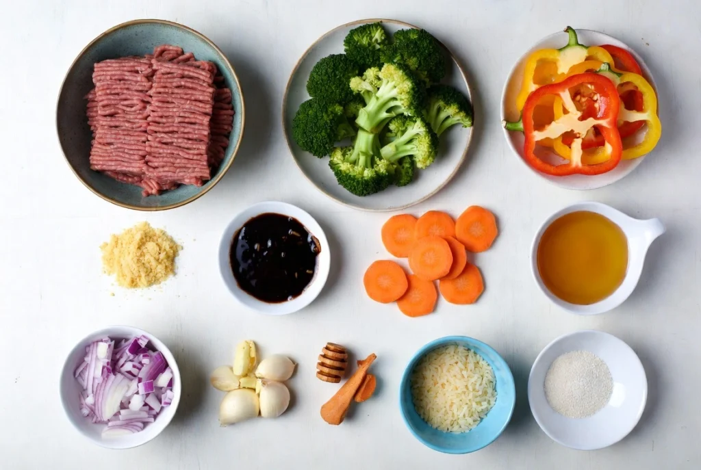 Overhead view of ingredients for honey garlic ground beef stir fry, including ground beef, broccoli, sliced bell peppers, carrots, soy sauce, honey, garlic, onion, and cooked rice.