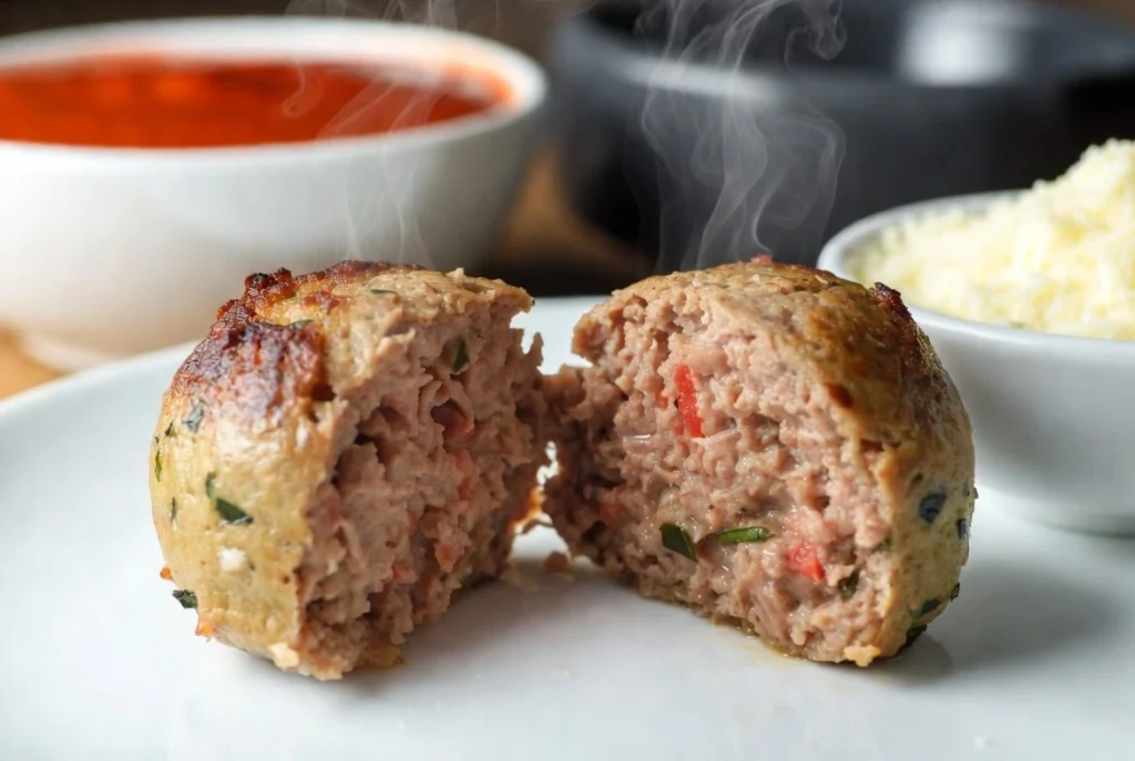 Close-up of a ground beef meatball cut in half, showing a moist, tender interior with steam rising in the background.