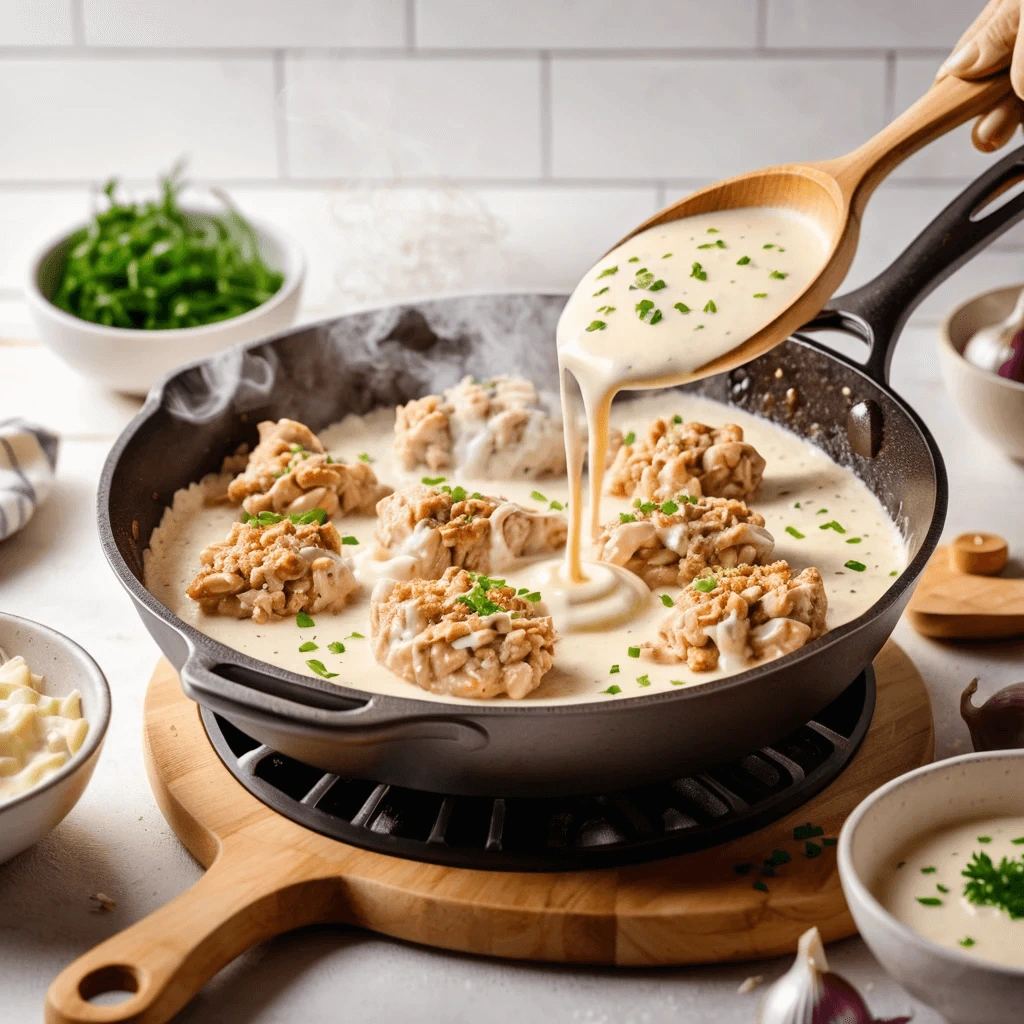 Creamy white sauce being poured from a wooden spoon into a skillet with cooked ground chicken, with steam rising and herbs on top.