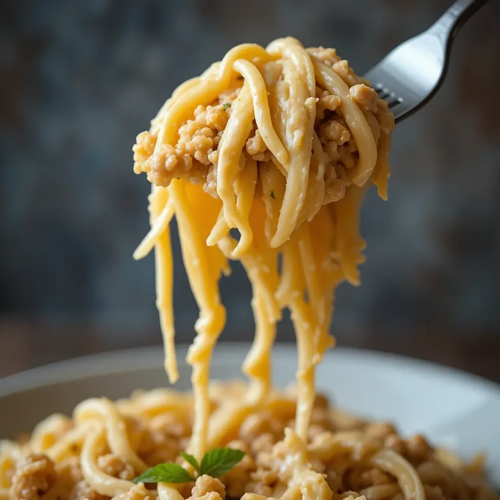 Fork lifting creamy ground chicken pasta in parmesan cream sauce