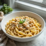 Bowl of creamy ground chicken pasta topped with parmesan and parsley