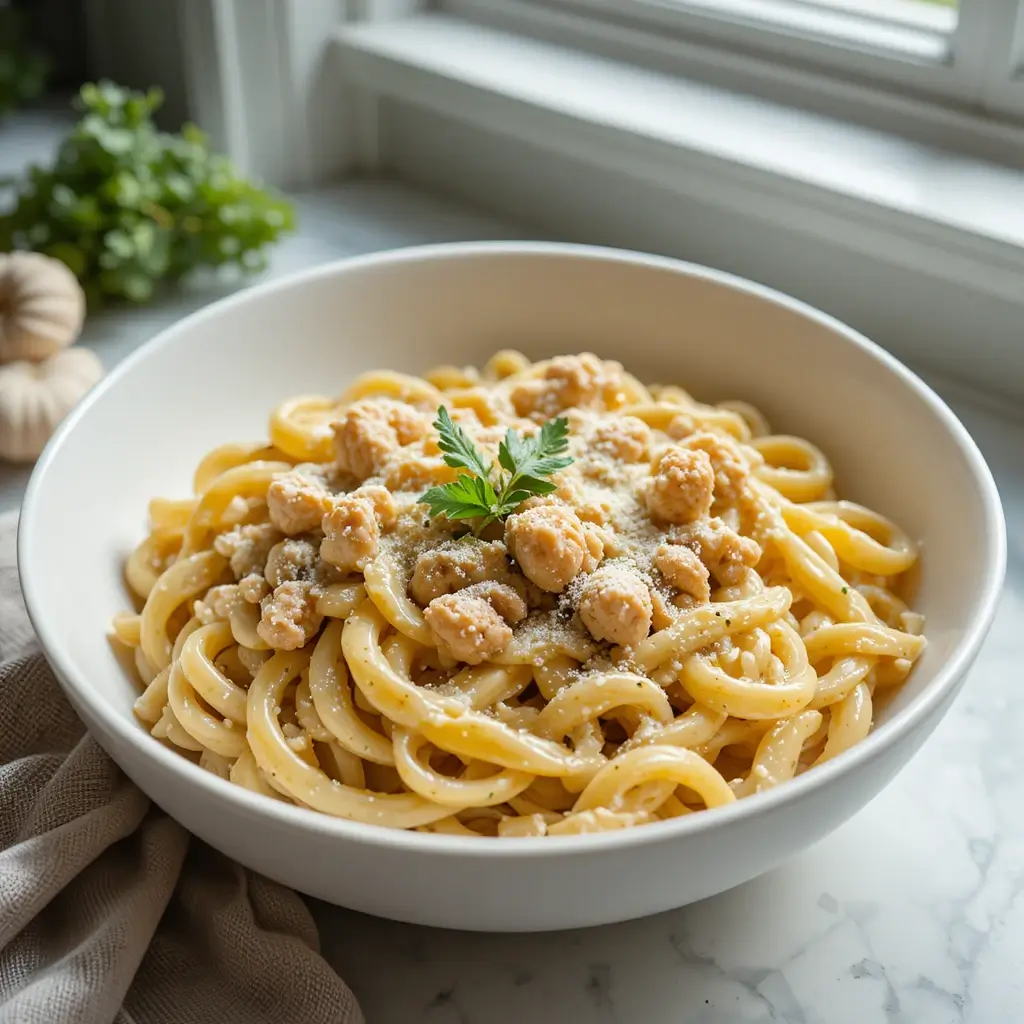 Bowl of creamy ground chicken pasta topped with parmesan and parsley
