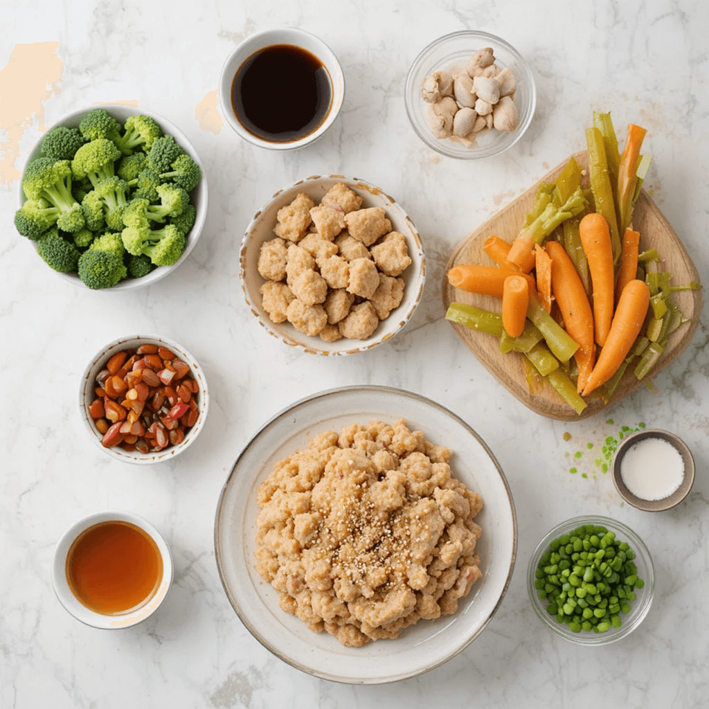 Overhead layout of honey garlic ground chicken stir fry ingredients, including ground chicken, broccoli, carrots, celery, peas, garlic, soy sauce, and honey.