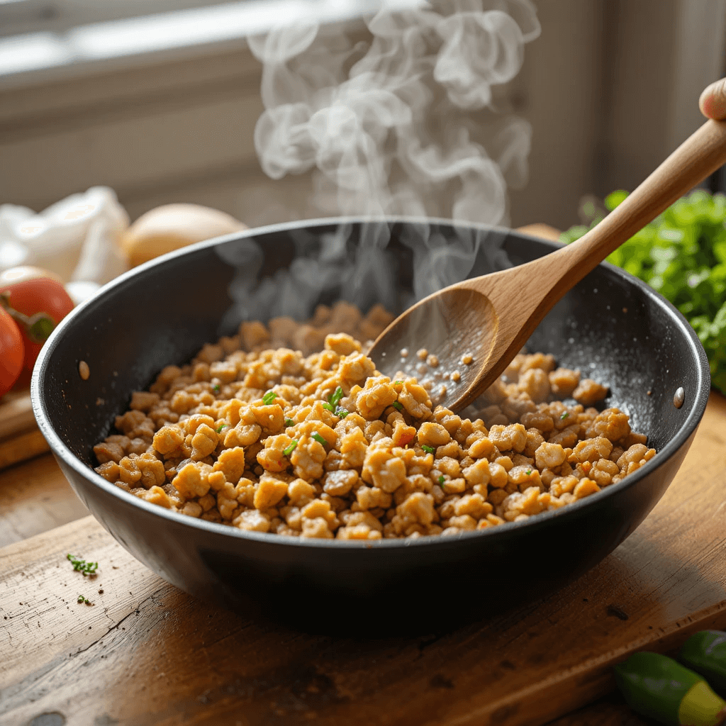Steaming skillet of browned ground chicken being stirred with a wooden spoon on a cutting board.