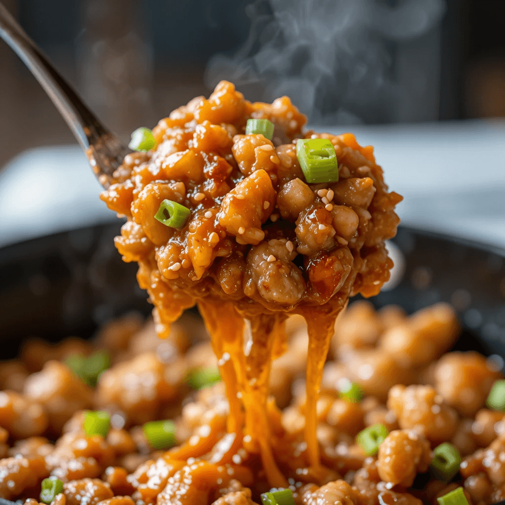 Close-up spoonful of honey garlic ground chicken in a glossy sauce with sesame seeds and green onions, with steam rising.