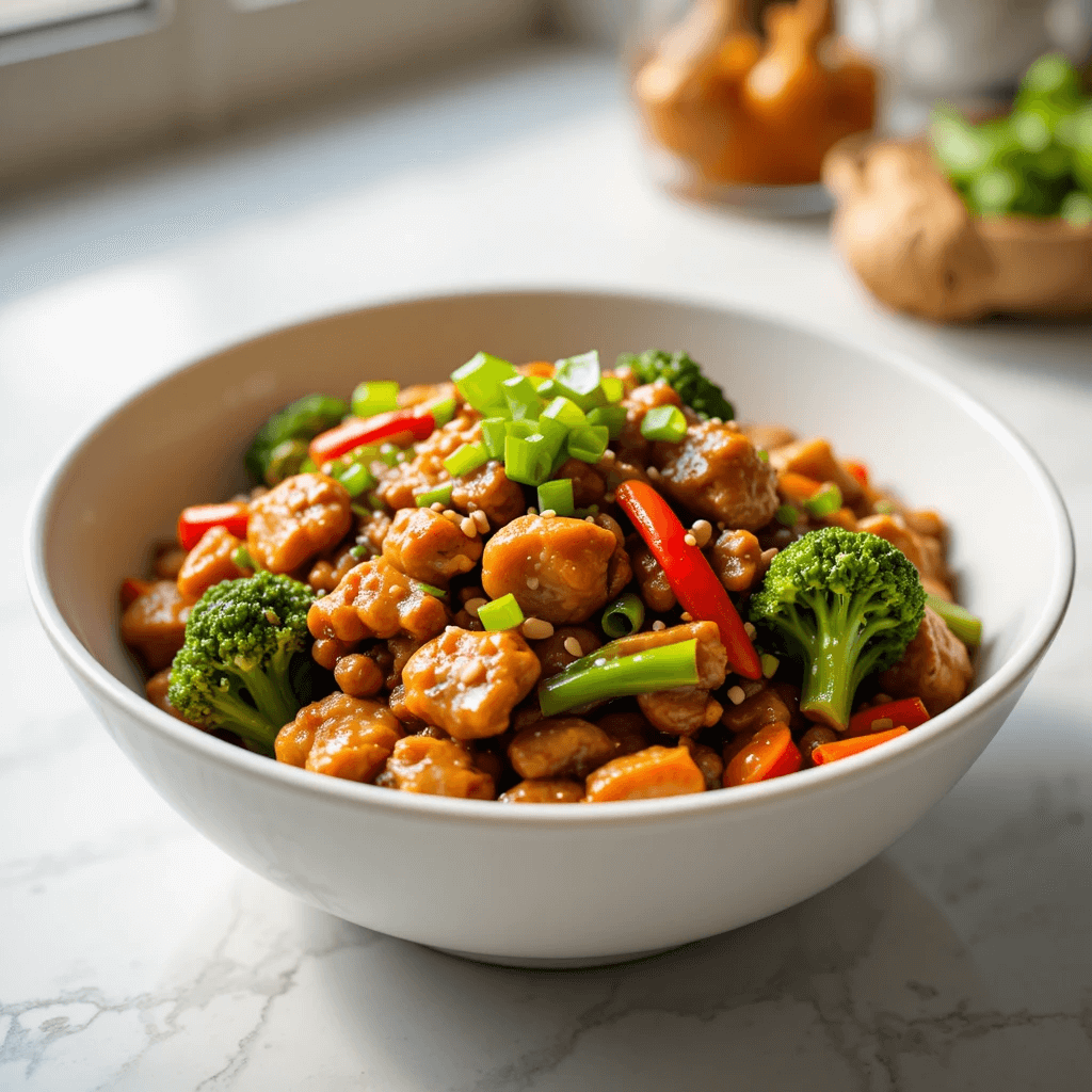 Bowl of honey garlic ground chicken stir fry with broccoli, red pepper strips, green onions, and sesame seeds in a glossy sauce.