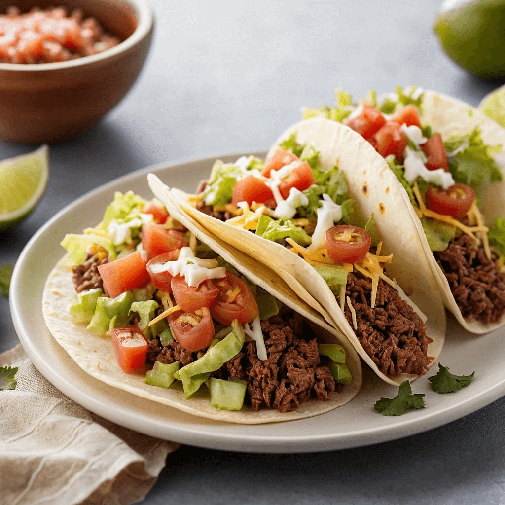 Two soft flour tacos filled with seasoned ground beef, shredded lettuce, diced tomatoes, cherry tomatoes, and shredded cheese, topped with a drizzle of sour cream.
