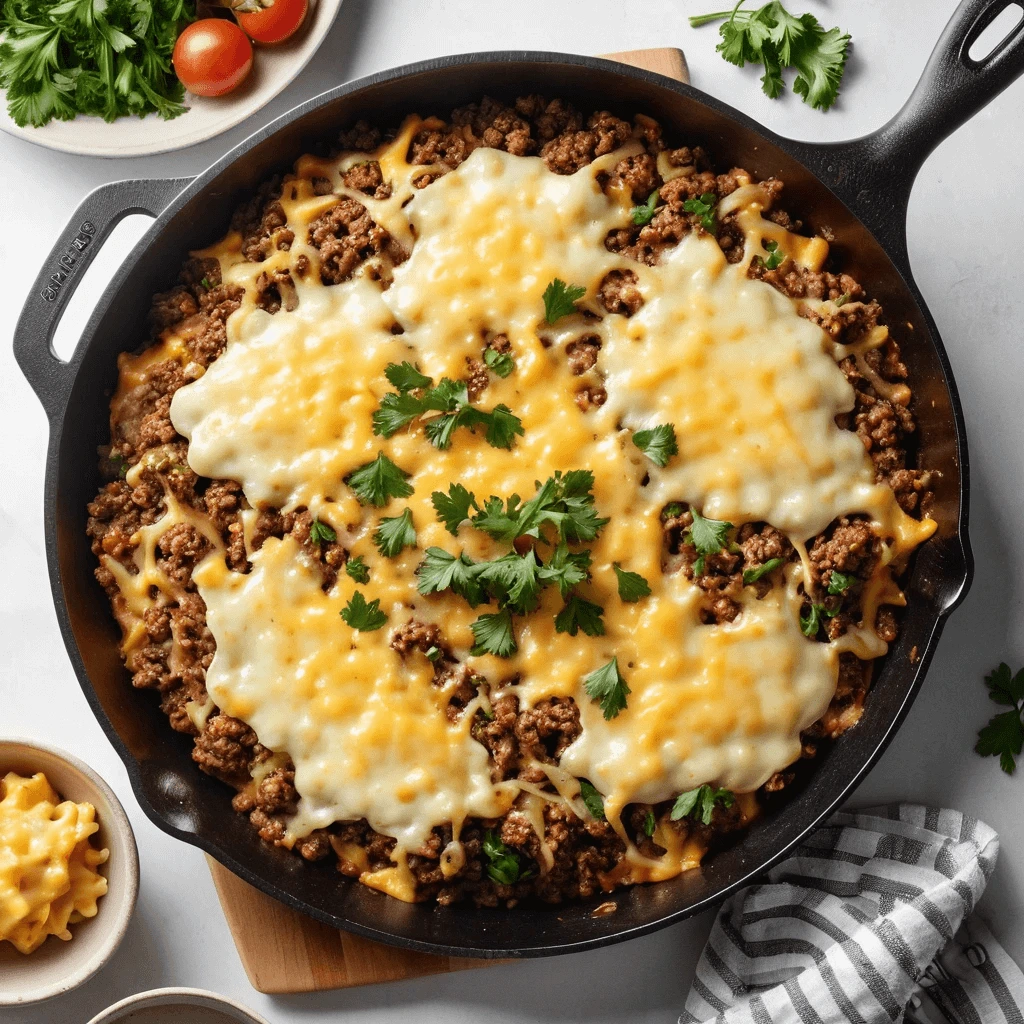 Cast-iron skillet filled with seasoned ground beef and pasta, topped with melted cheddar and mozzarella cheese and garnished with fresh parsley.