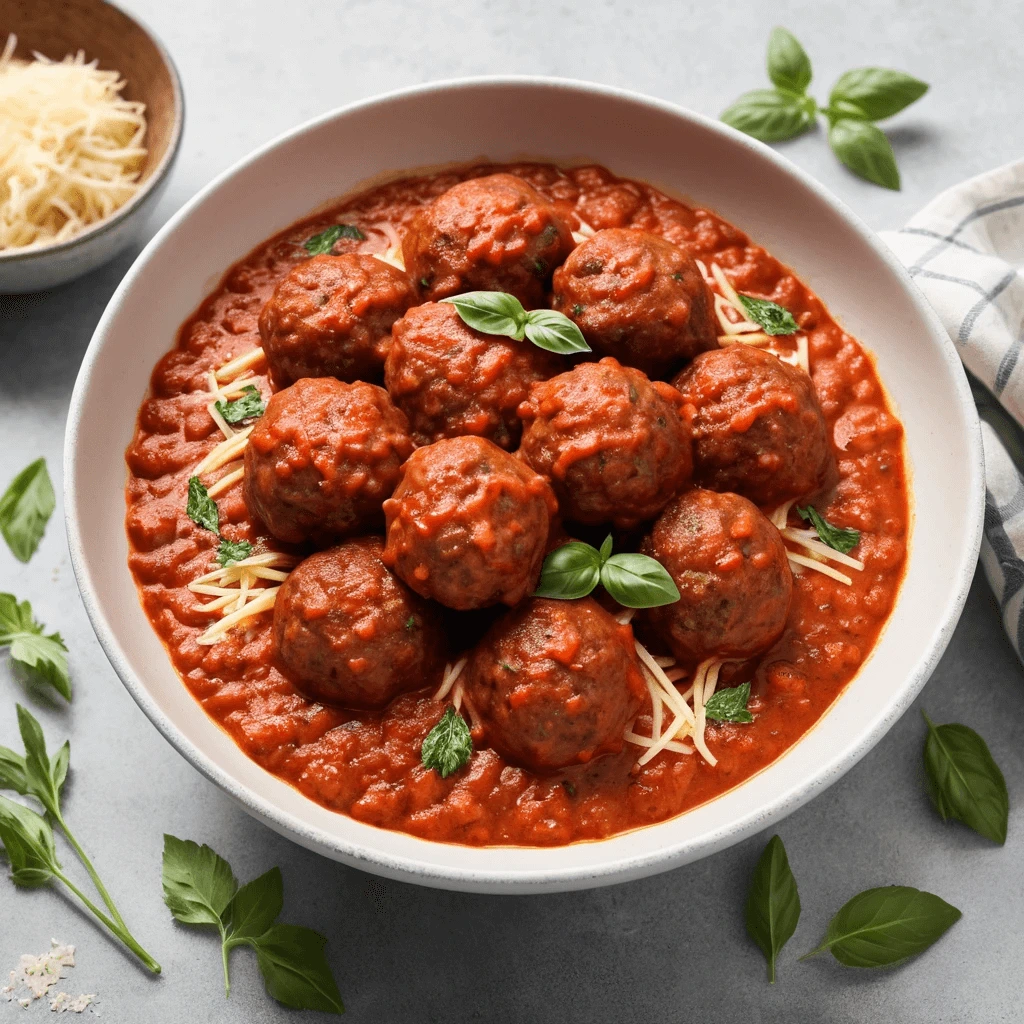 Bowl of spaghetti topped with beef meatballs in rich marinara sauce, garnished with fresh basil and sprinkled with Parmesan.