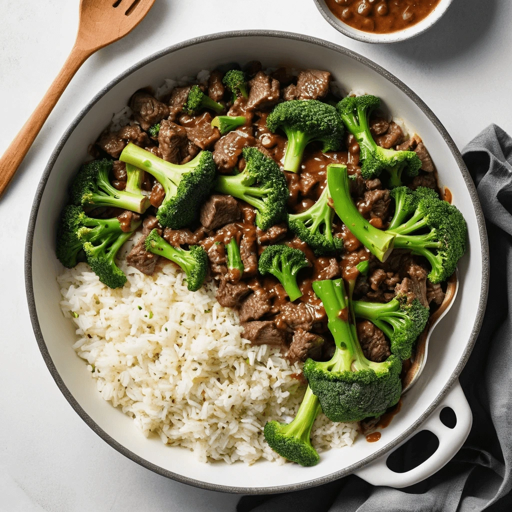Bowl of white rice topped with tender beef pieces and broccoli in a glossy brown stir-fry sauce, served with extra sauce on the side.