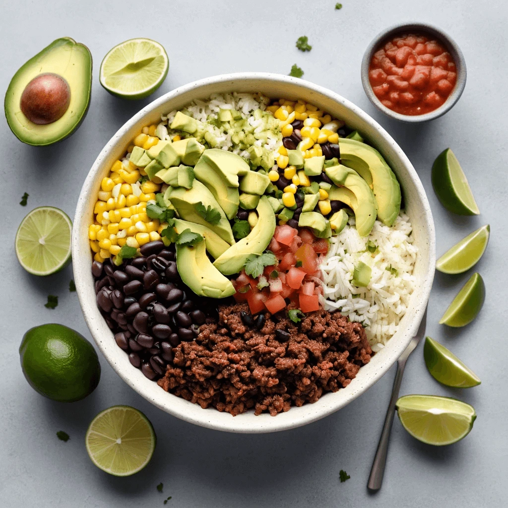 Burrito bowl with white rice, seasoned ground beef, black beans, corn, diced tomatoes, and sliced avocado, served with lime wedges and salsa.