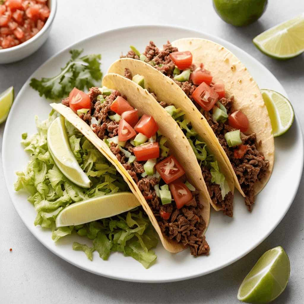 Three ground beef tacos in soft tortillas topped with shredded lettuce and diced tomatoes, served with lime wedges on a white plate.