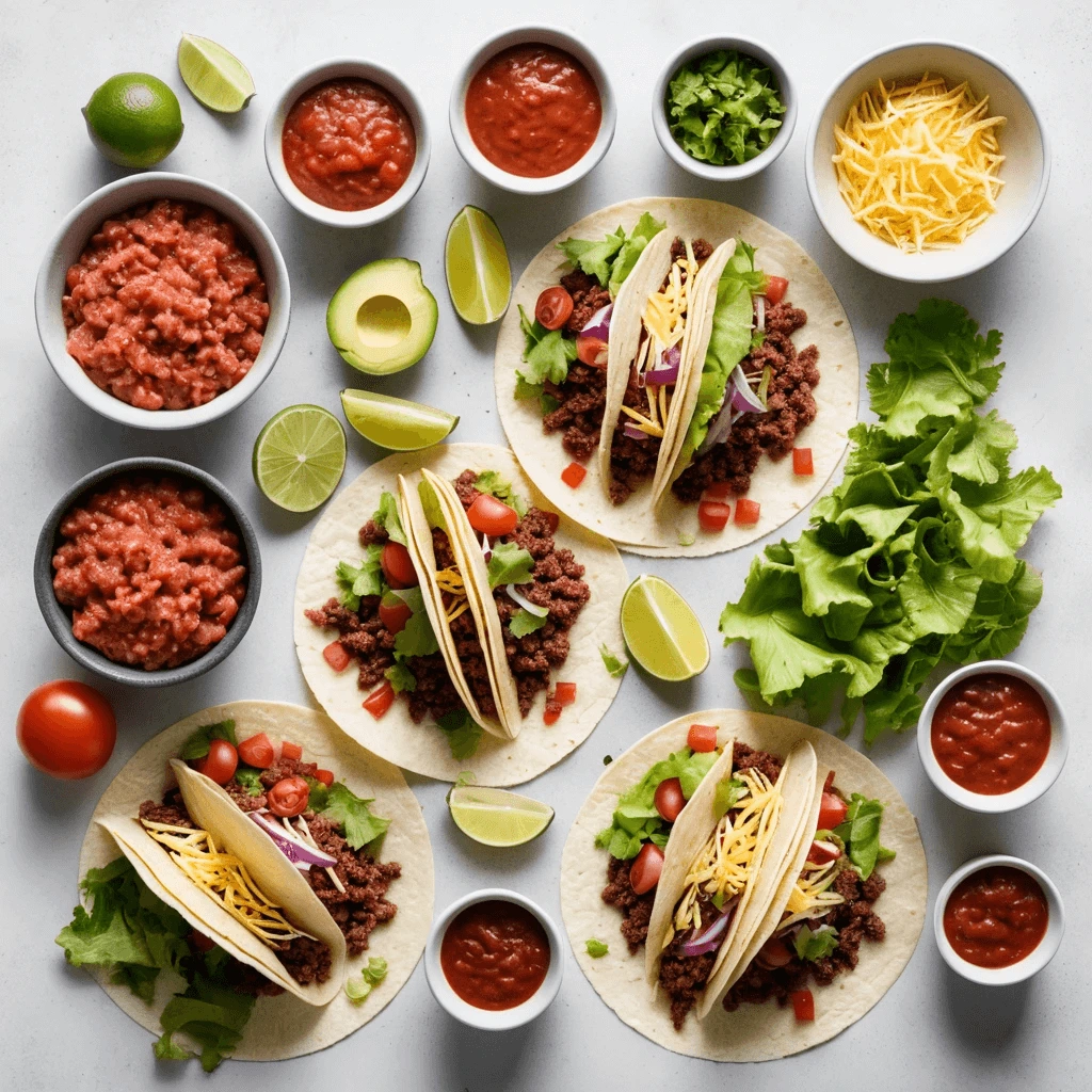Overhead view of ground beef tacos with bowls of salsa, shredded cheese, cilantro, lime wedges, lettuce, avocado, and ground beef for a taco bar setup.