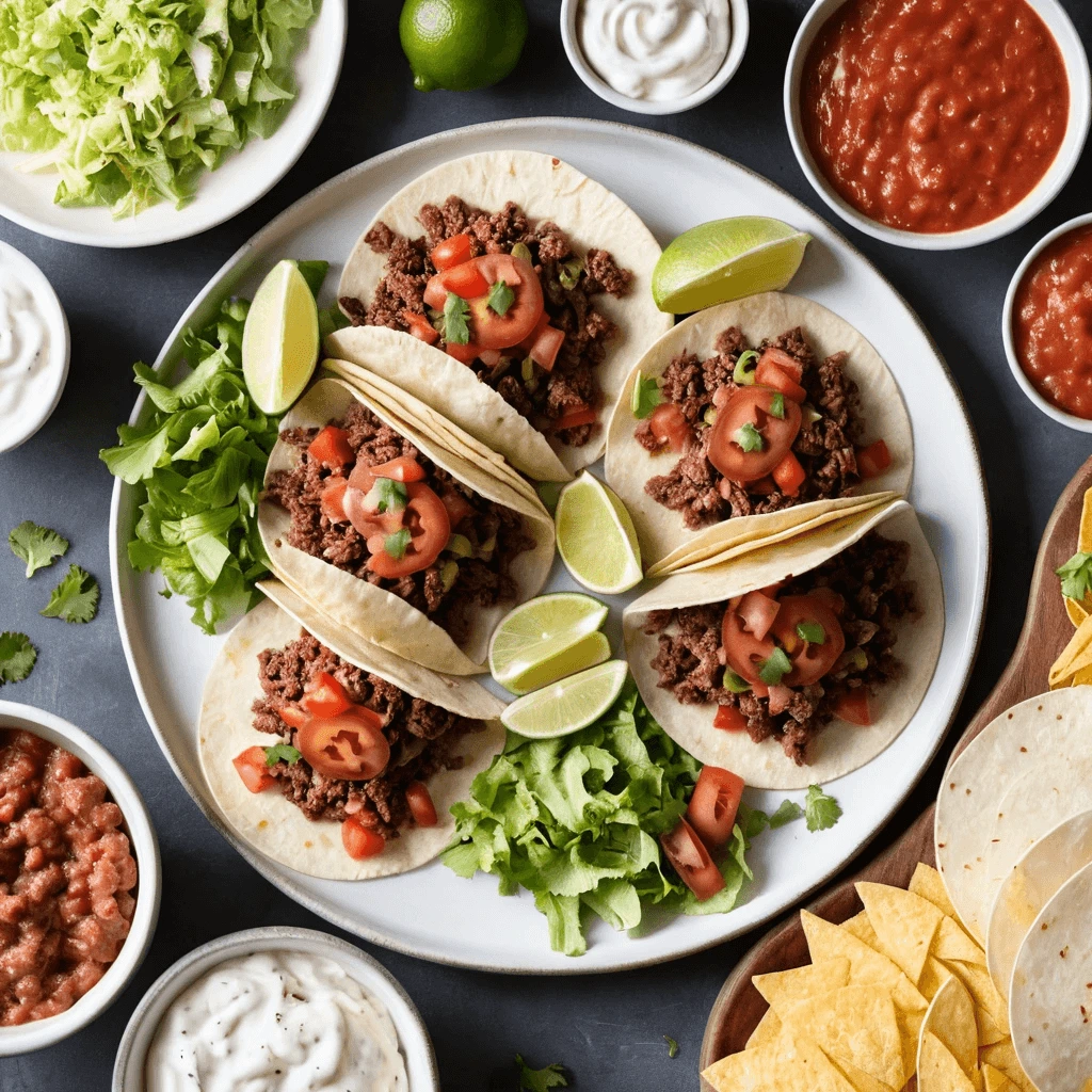 Plate of small ground beef tacos topped with diced tomatoes and herbs, surrounded by salsa, sour cream, shredded lettuce, tortilla chips, and lime wedges.