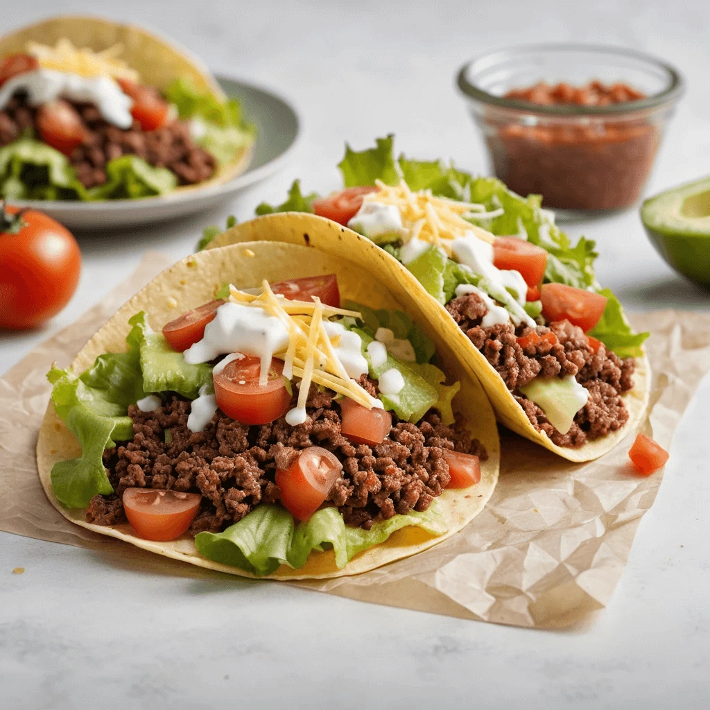 Two ground beef tacos topped with lettuce, cherry tomatoes, shredded cheese, and sour cream, served on parchment with salsa in the background.