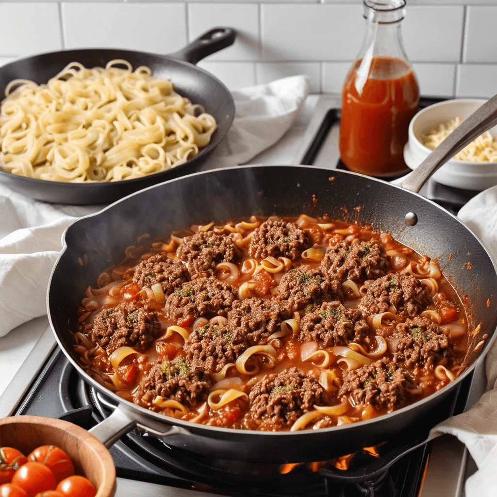 Skillet on a stovetop with ground beef and noodles simmering in a tomato sauce, with cooked pasta and sauce nearby.