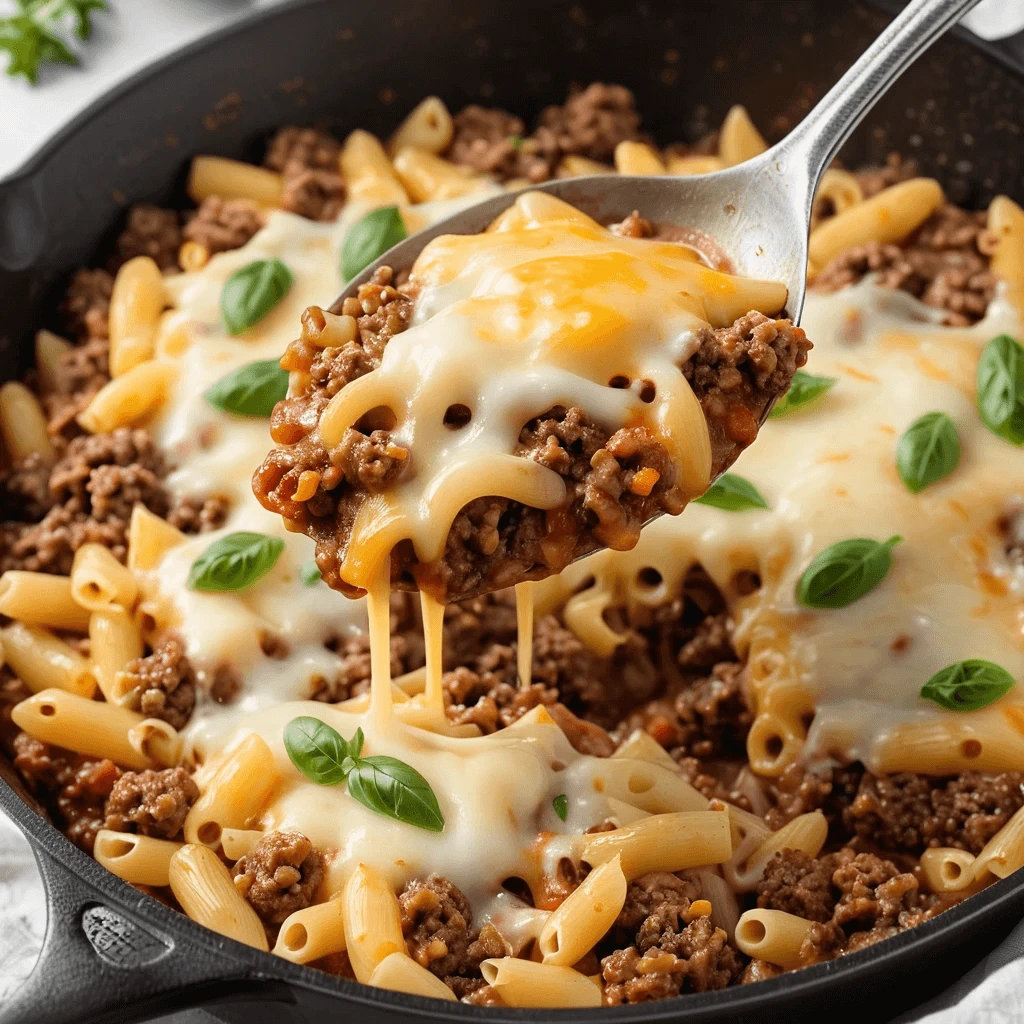 Close-up of a spoon lifting ground beef and penne from a skillet, with melted cheese stretching over the pasta.