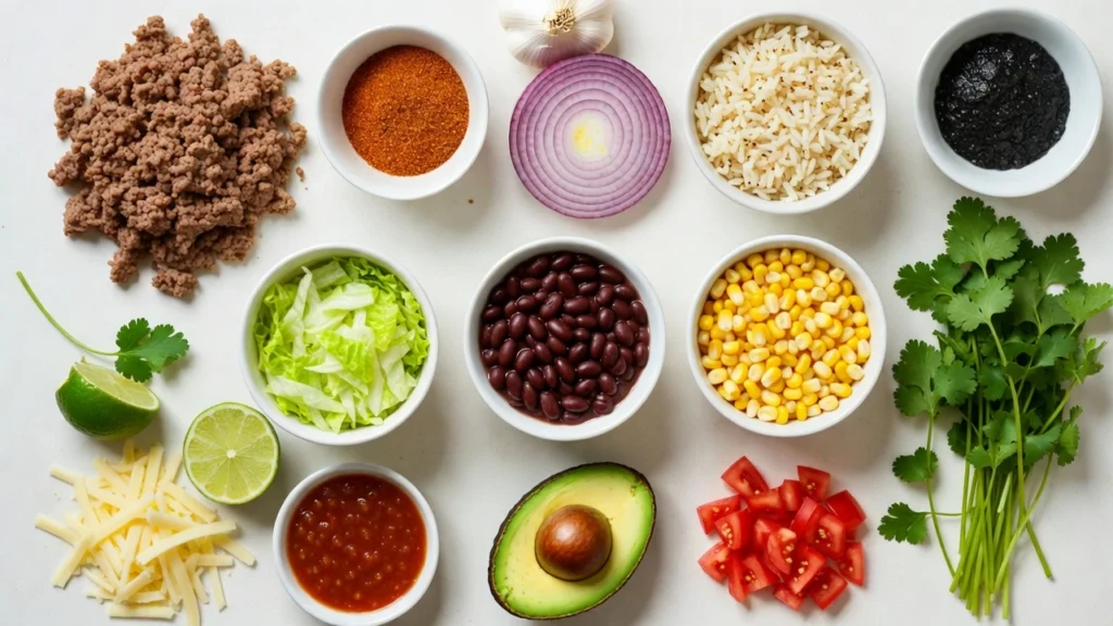 Taco bowl ingredients with beef, rice, beans, corn, avocado