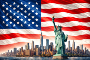 USA flag with New York City skyline and Statue of Liberty