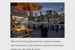 New York City street food cart with NYC skyline at night