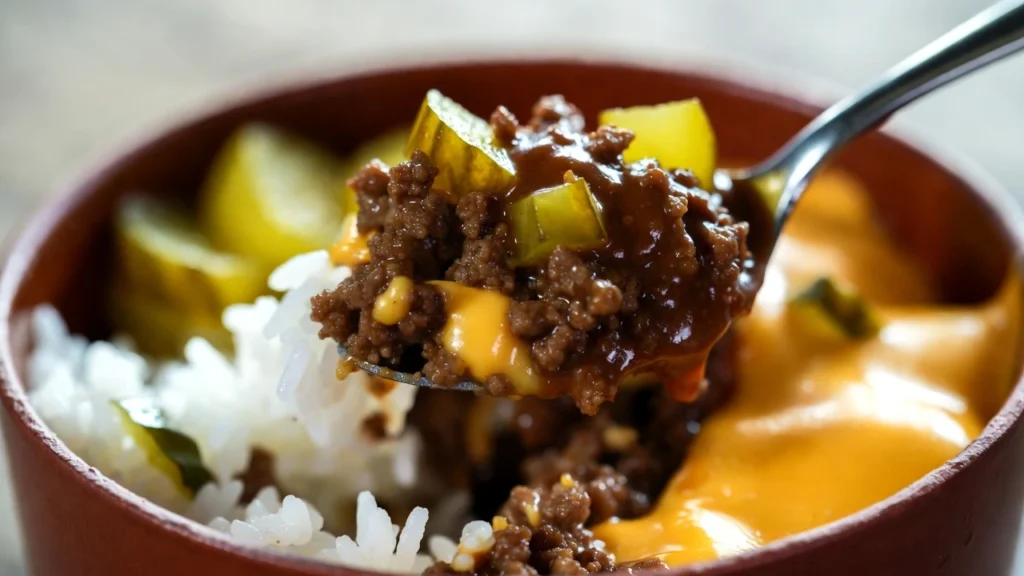spoonful of cheeseburger bowl with pickles and sauce