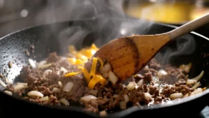 ground beef and onions cooking in skillet with melting cheddar