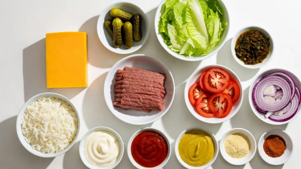 ingredients for cheeseburger bowl with beef, cheddar, and pickles