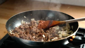ground beef simmering with sauce in skillet on stove