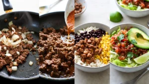 Four-step taco bowl: cook beef, sauce, assemble, serve