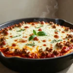 Chicago deep dish ground beef skillet topped with melted cheese