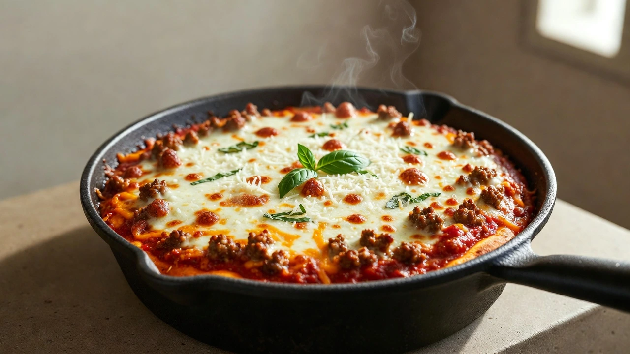 Chicago deep dish ground beef skillet topped with melted cheese