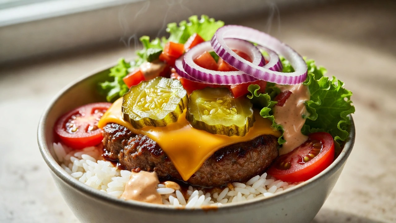 NYC cheeseburger bowl with pickles, cheddar, and sauce
