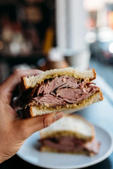 Best pastrami sandwich in NYC on rye bread with thick hand-cut pastrami