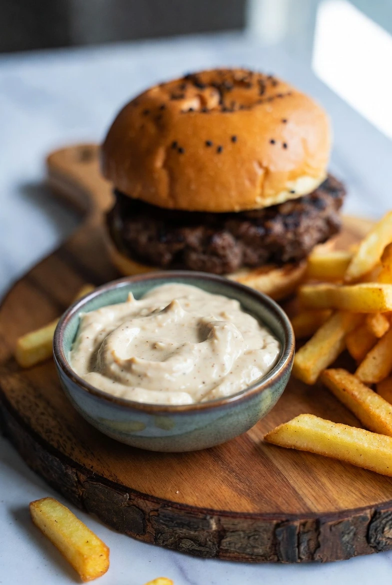 Easy classic burger sauce served in a bowl with burger and fries