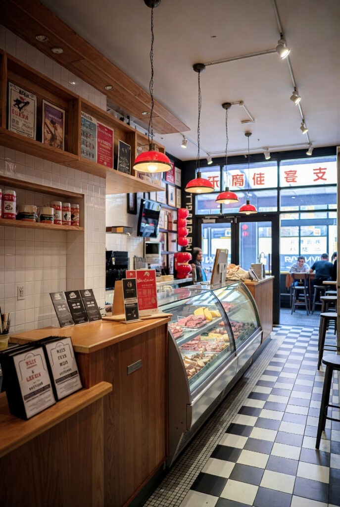 Interior of a classic New York deli with a wooden counter, meat display case, and black and white tiled floor.