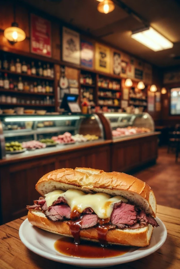 Cheesy roast beef sandwich served in a classic NYC deli