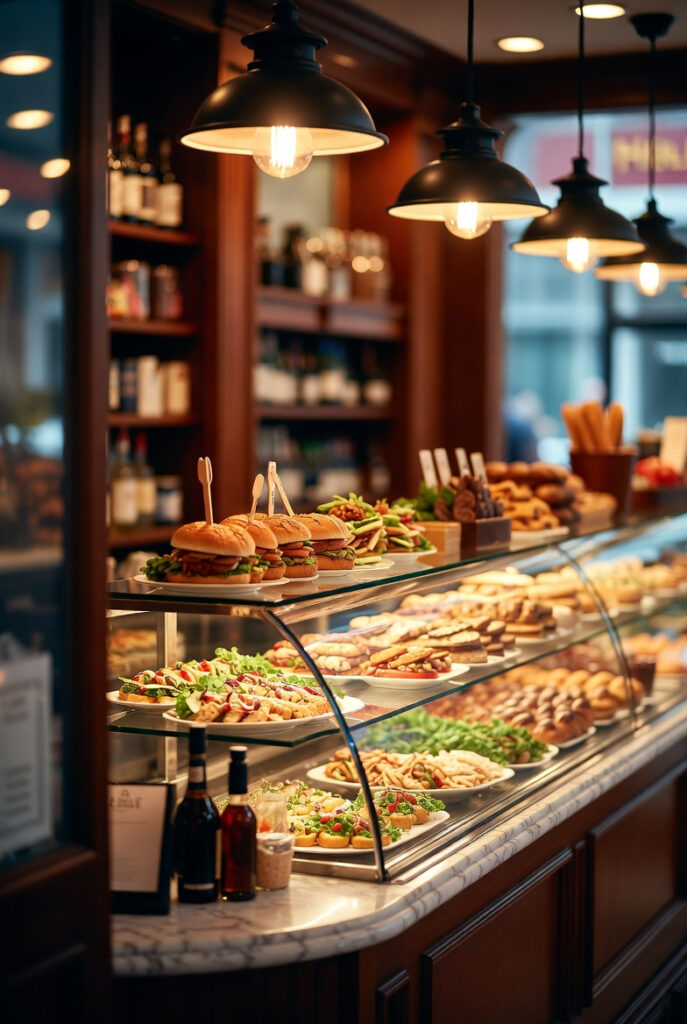 New York–style deli counter with sandwiches, salads, and prepared foods under warm pendant lights.