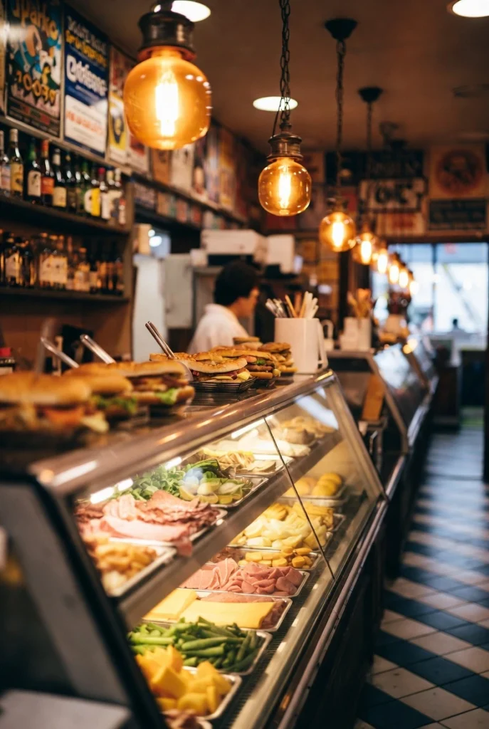 Classic NYC deli counter with sandwiches and ingredients on display